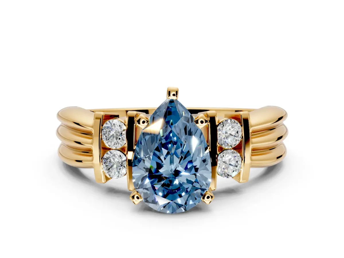 Solitaire Engagement Ring Setting for Fancy Blue Pear-Shaped Center with Grooved Bar Accent Band and Prong Head in Yellow Gold