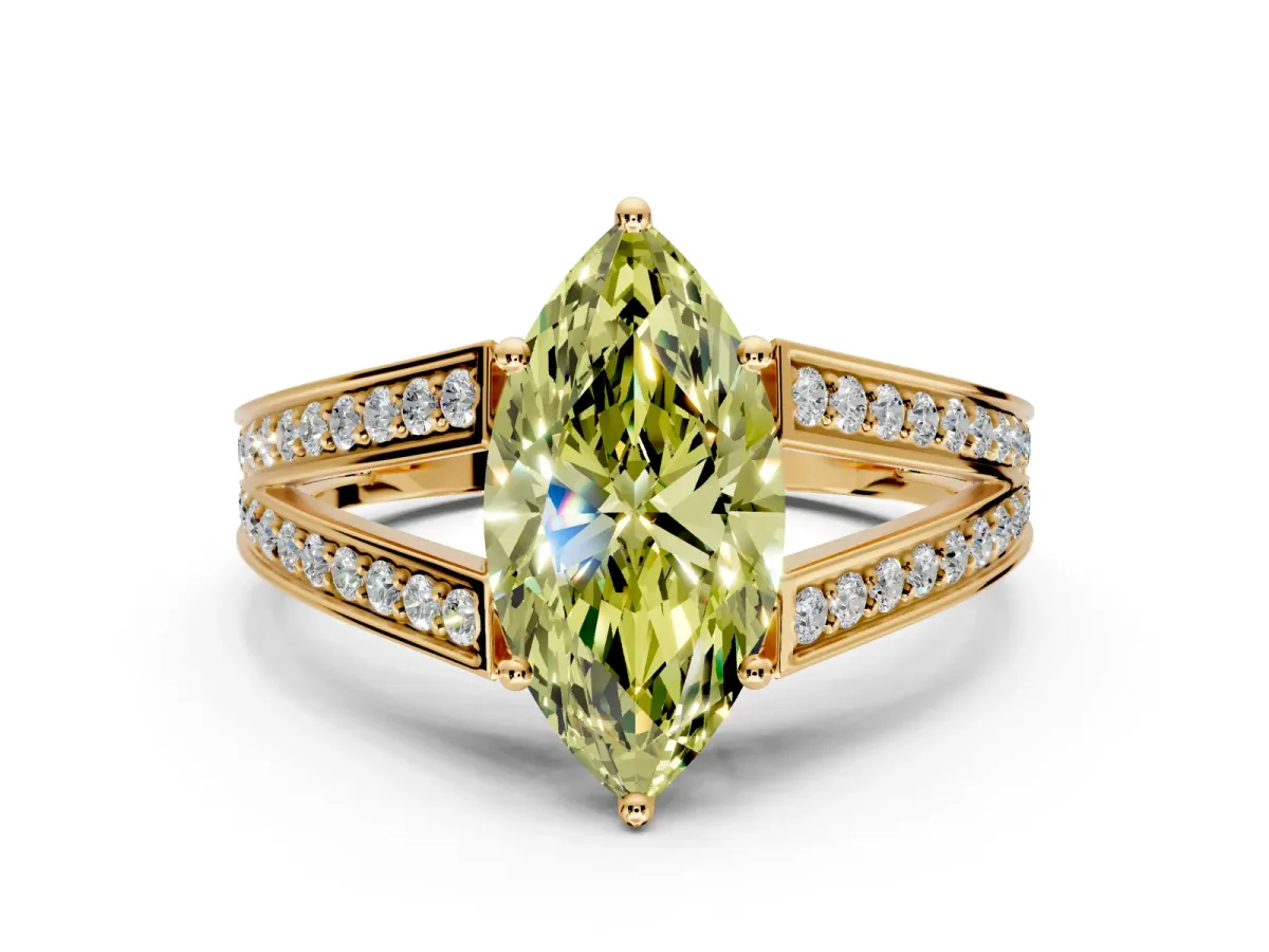 Split Shank Engagement Ring Setting for Fancy Yellow Marquise Center with Pave Split Shank and Prong Head in Yellow Gold