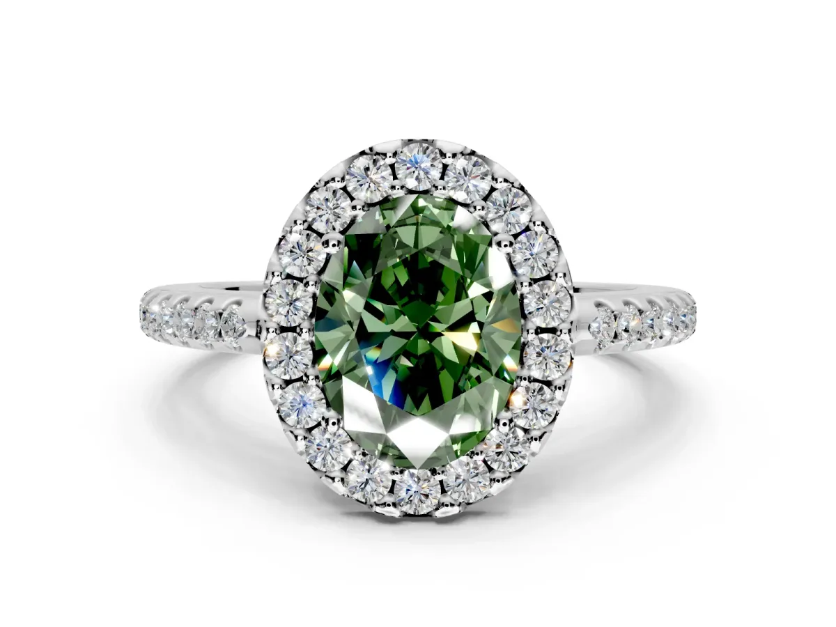 Pave Halo Engagement Ring Setting for Fancy Green Oval Center with Single Row Pave Band and Prong Head in Platinum
