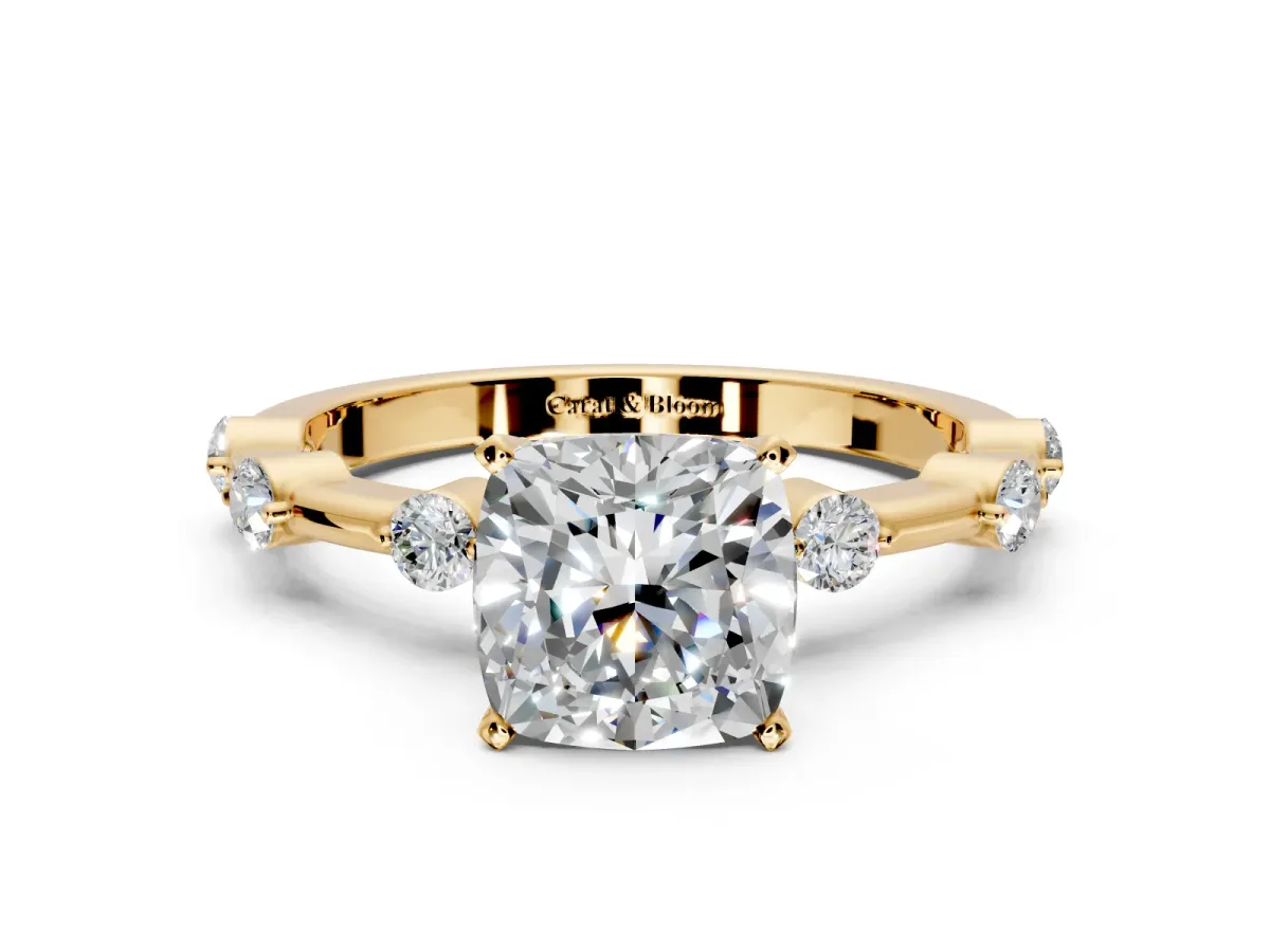 Solitaire Engagement Ring Setting for Cushion Cut Center with Bezel Station Band and Prong Head in Yellow Gold