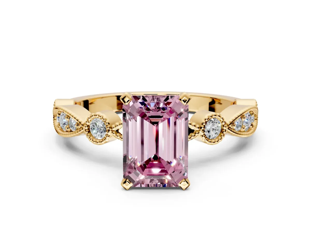 Solitaire Engagement Ring Setting for Fancy Pink Emerald Cut Center with Milgrain Bezel Accents and Prong Head in Yellow Gold