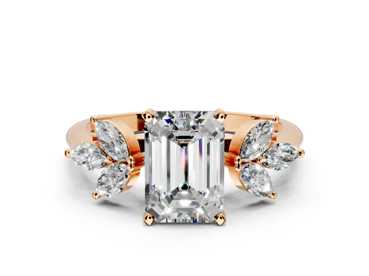 Floral Cluster Engagement Ring Setting for Emerald Cut Center with Marquise Accents and Prong Head in Rose Gold