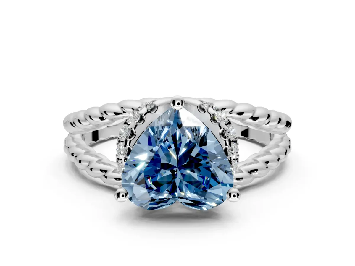 Halo Engagement Ring Setting for Fancy Blue Heart-Shaped Center with Rope Twist Split Shank and Prong Head in Platinum