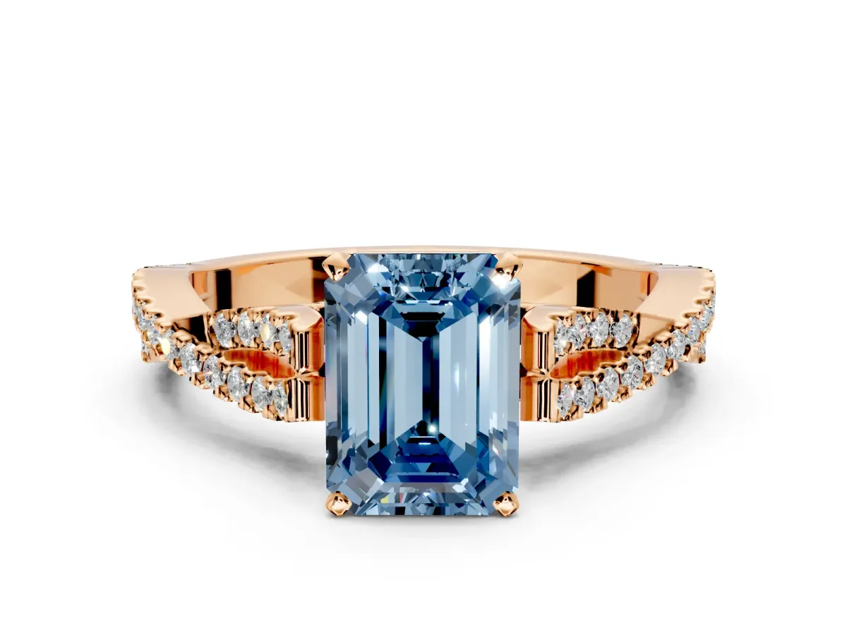 Solitaire Engagement Ring Setting for Fancy Blue Emerald Cut Center with Twisted Pave Split Shank and Prong Head in Rose Gold