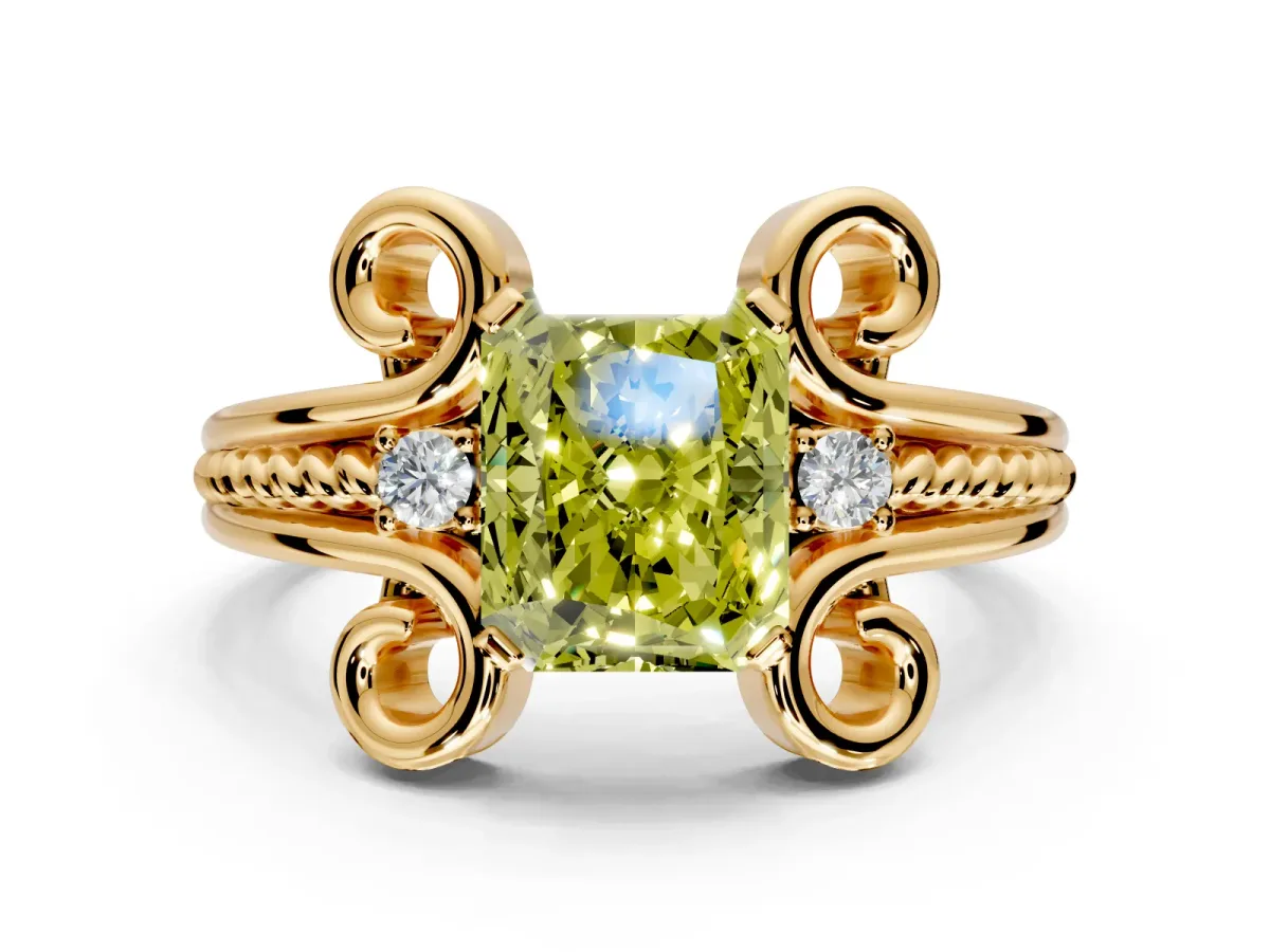 Solitaire Engagement Ring Setting for Fancy Yellow Radiant Cut Center with Twisted Band and Scroll Prong Head in Yellow Gold