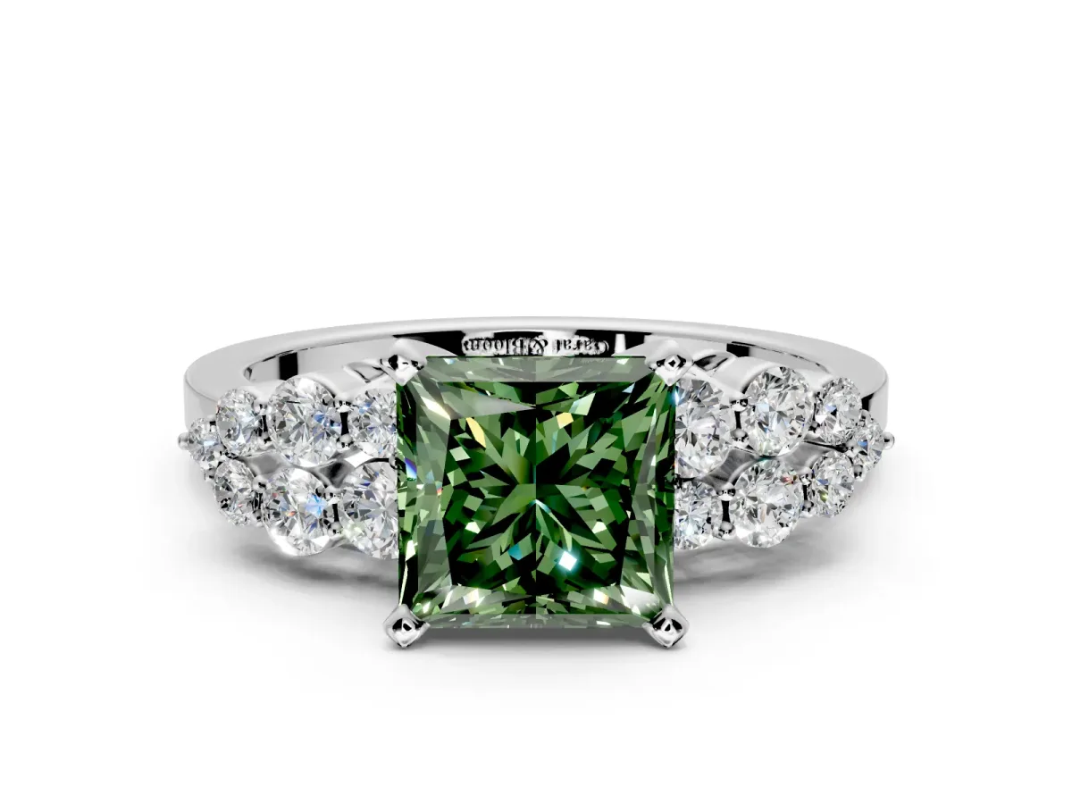 Cluster Engagement Ring Setting for Fancy Green Princess Cut Center with 2-Row Shoulder Clusters and Prong Head in Sterling Silver