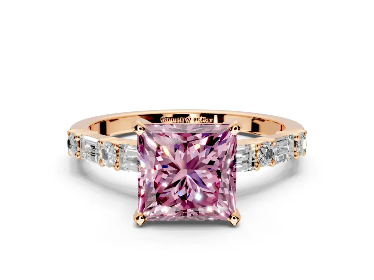 Baguette Engagement Ring Setting for Fancy Pink Princess Cut Center with Alternating Bar-Set Band and Prong Head in Rose Gold