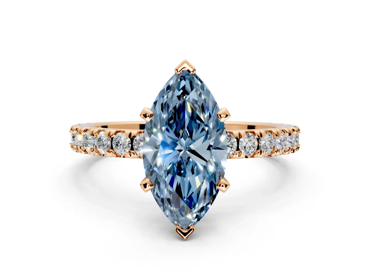 Solitaire Engagement Ring Setting for Fancy Blue Marquise Center with Fine Pave Band and Claw Prong Head in Rose Gold