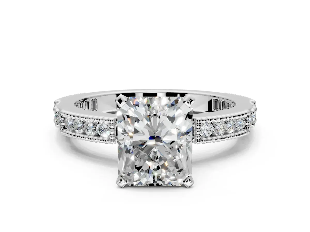 Solitaire Engagement Ring Setting for Radiant Cut Center with Milgrain-Edged Pave Band and Prong Head in Platinum