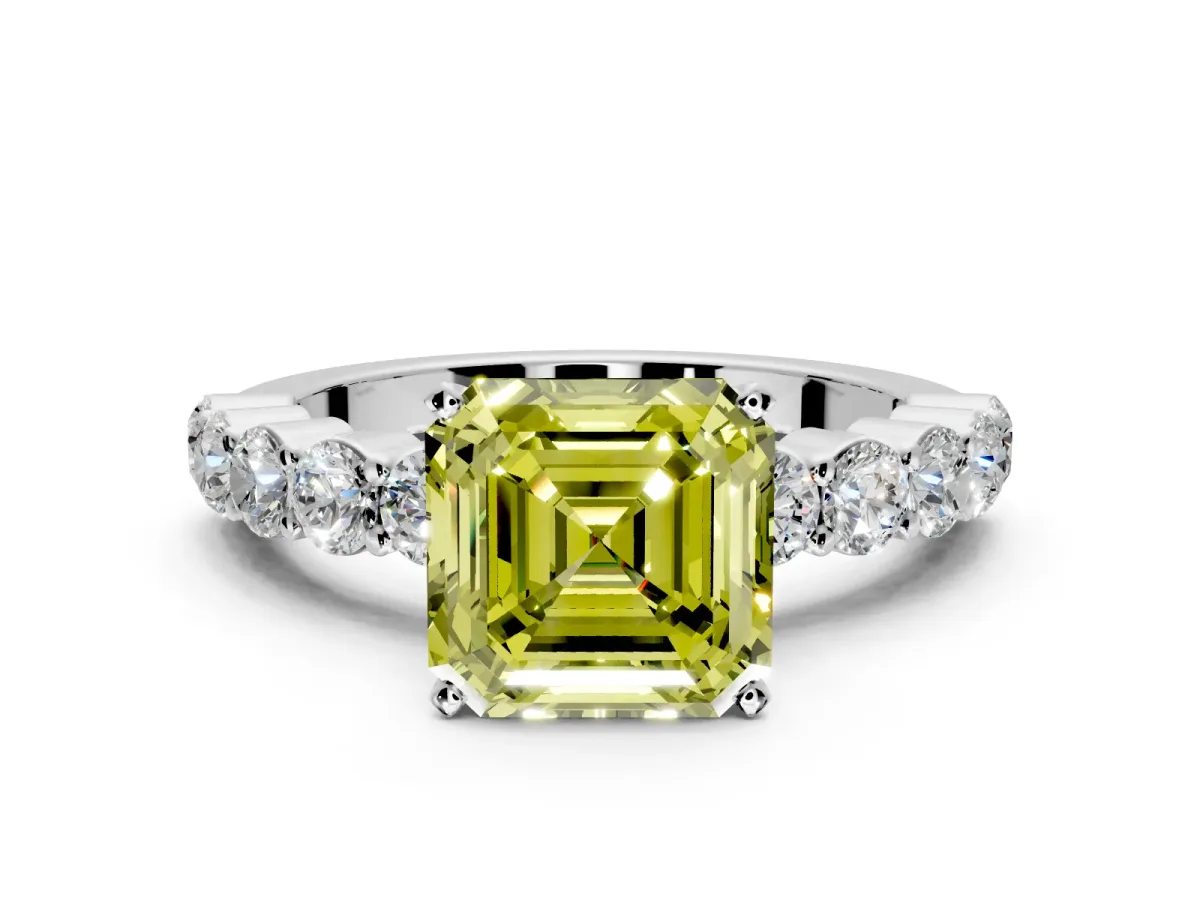 Shared-Prong Engagement Ring Setting for Fancy Yellow Asscher Cut Center with Graduated Accents and Prong Head in Sterling Silver