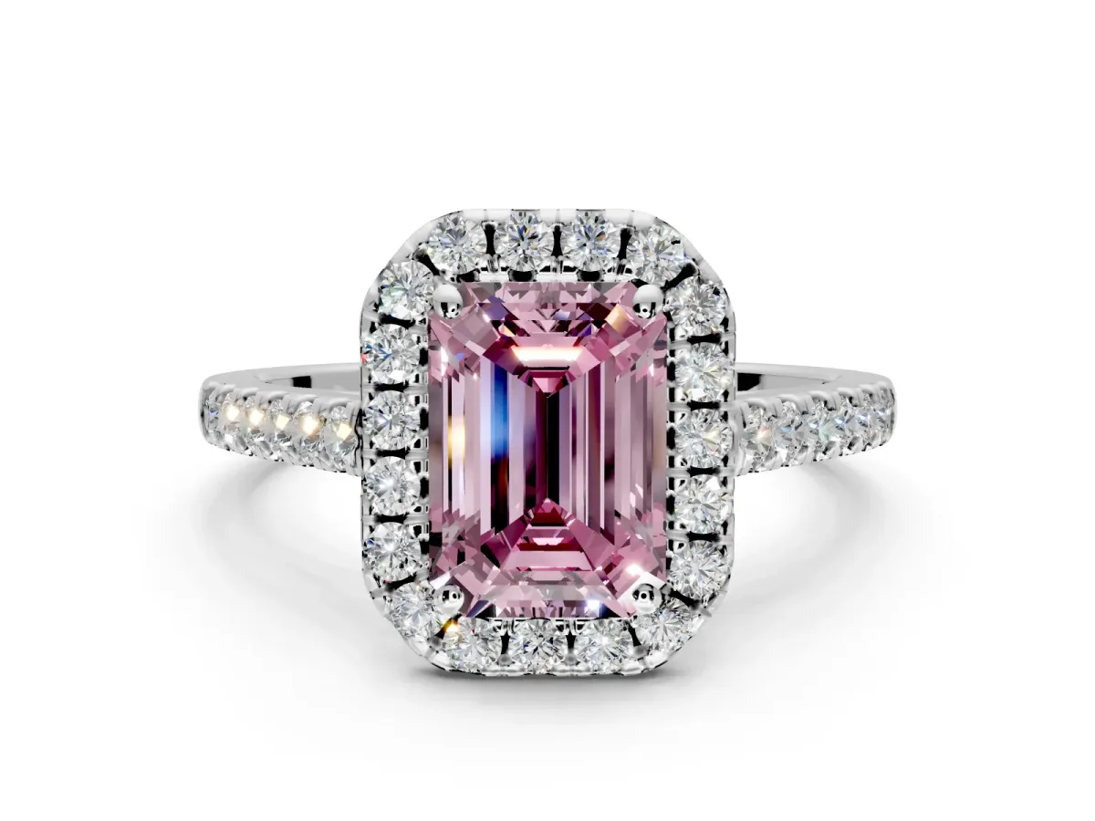 Halo Engagement Ring Setting for Fancy Pink Emerald Cut Center with Narrowing Pave Band and Prong Head in White Gold