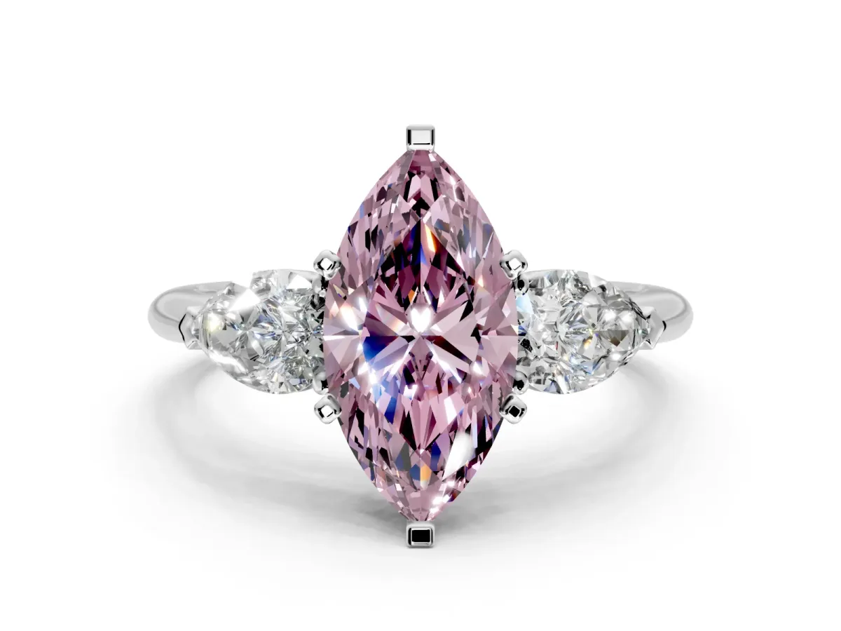 3 Stone Engagement Ring Setting for Fancy Pink Marquise Center with Large Pear-Shaped Accents and Prong Head in Platinum
