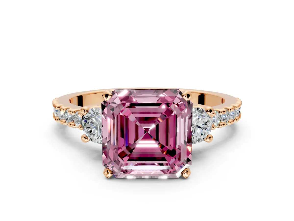 3 Stone Engagement Ring Setting for Fancy Pink Asscher Cut Center with Round Cut Side Accents and Prong Head in Rose Gold