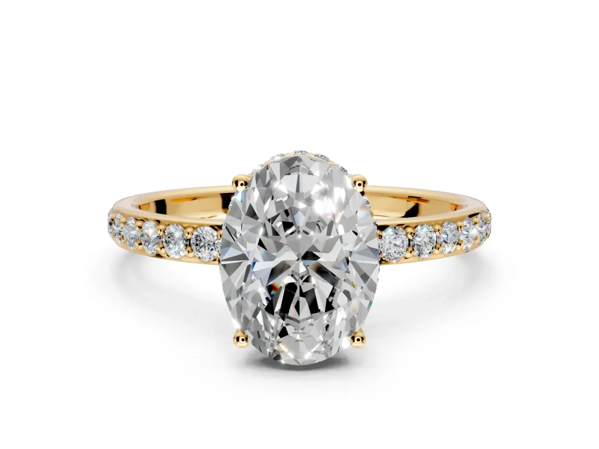 Hidden Halo Engagement Ring Setting for Oval Center with Pave Band and Prong Head in Yellow Gold