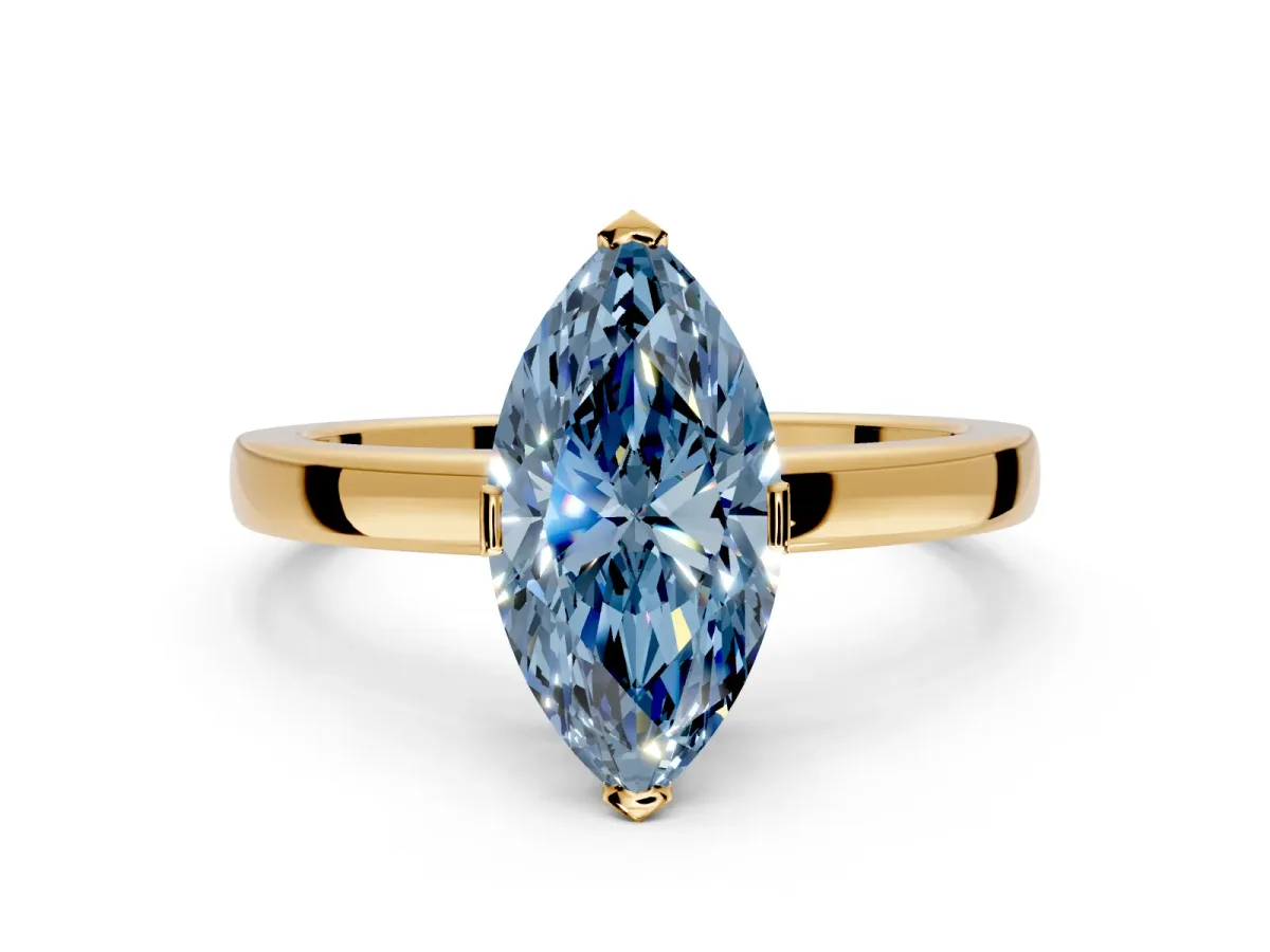Solitaire Engagement Ring Setting for Fancy Blue Marquise Center with Plain Band and Flat Tab Prong Head in Yellow Gold
