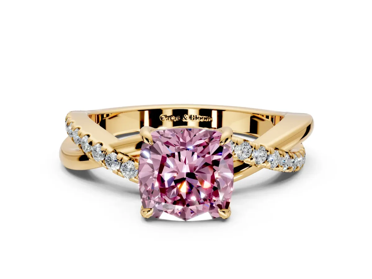Crossover Engagement Ring Setting for Fancy Pink Cushion Cut Center with Pave and Plain Strands and Prong Head in Yellow Gold