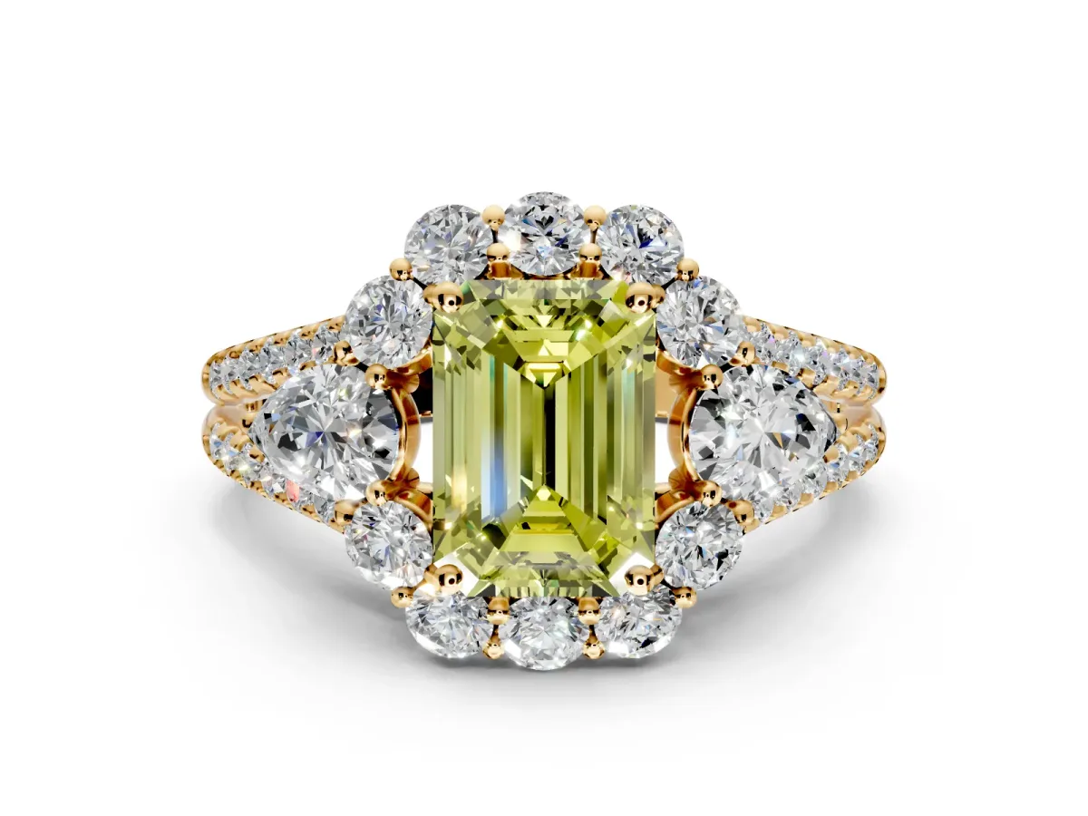Halo Engagement Ring Setting for Fancy Yellow Emerald Cut Center with Two-Strand Split Shank and Prong Head in Yellow Gold