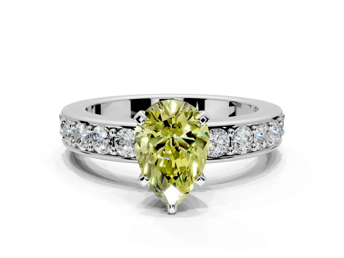 Solitaire Engagement Ring Setting for Fancy Yellow Pear-Shaped Center with Channel-Set Accents and Prong Head in Platinum