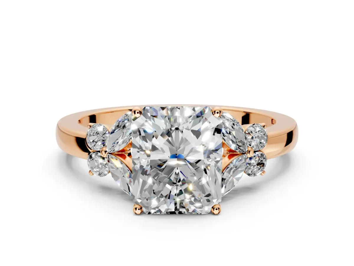 Solitaire Engagement Ring Setting for Radiant Cut Center with Marquise Flower Shoulders and Prong Head in Rose Gold