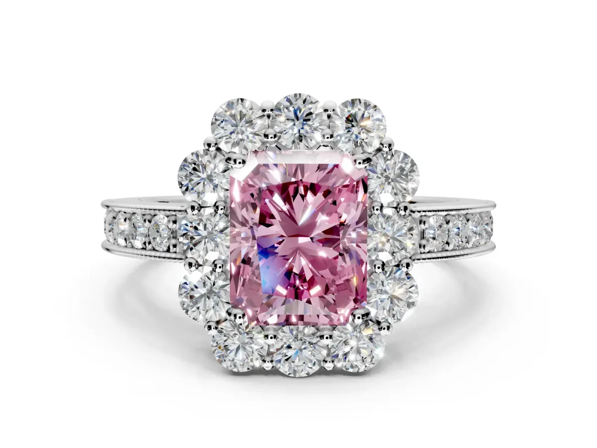 Halo Engagement Ring Setting for Fancy Pink Radiant Cut Center with Milgrain Channel Band and Prong Head in Sterling Silver