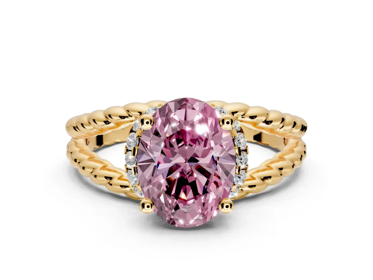 Halo Engagement Ring Setting for Fancy Pink Oval Center with Rope Twist Split Shank and Prong Head in Yellow Gold