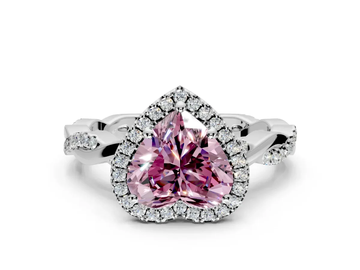 Halo Engagement Ring Setting for Fancy Pink Heart-Shaped Center with Pave and Plain Twist Band and Prong Head in Sterling Silver