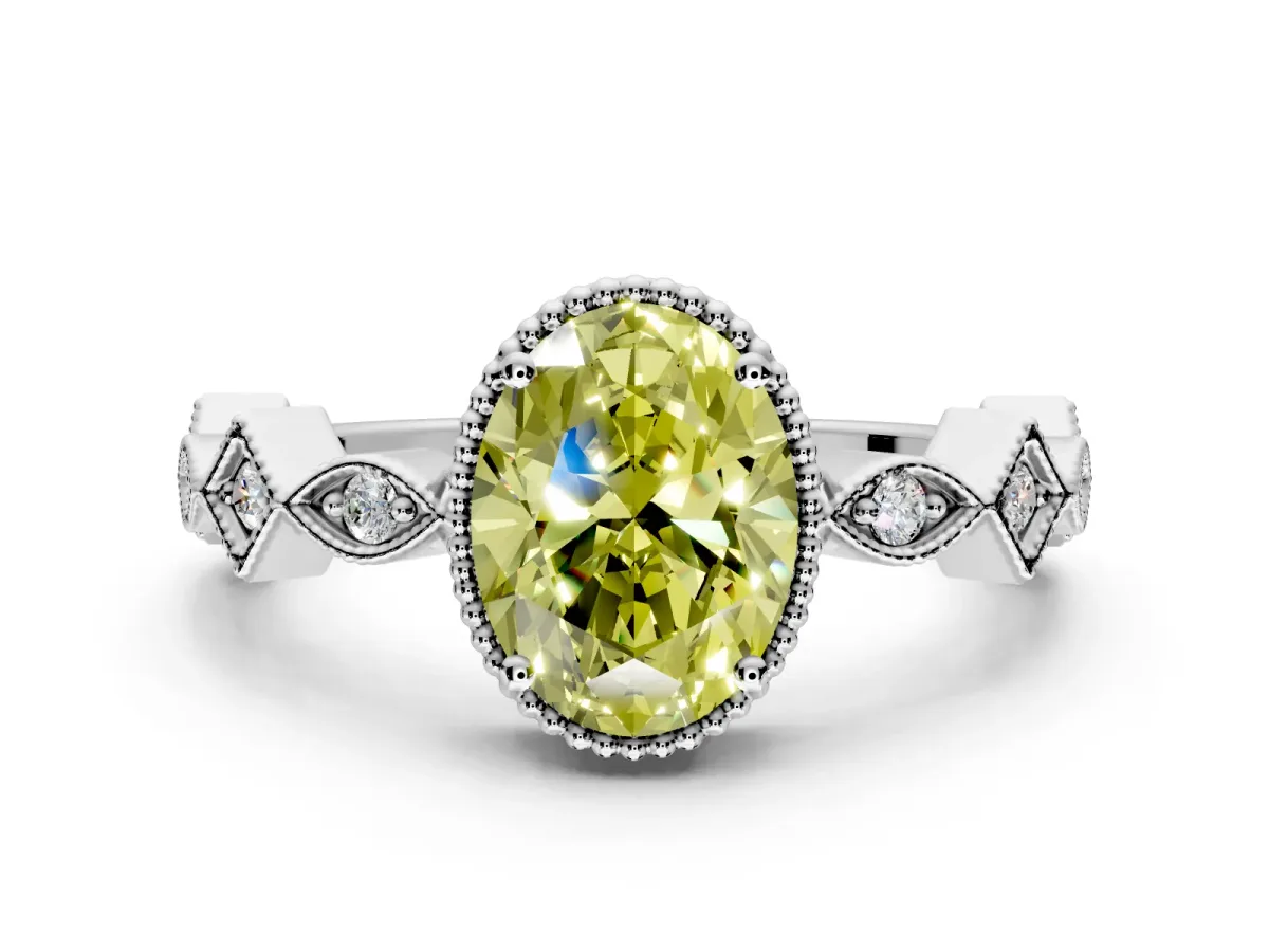 Milgrain Bezel Engagement Ring Setting for Fancy Yellow Oval Center with Marquise Stations and Bezel Head in Platinum