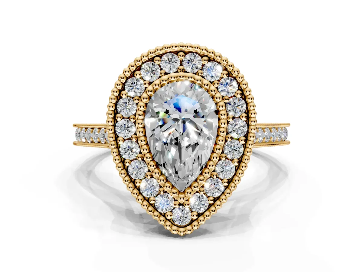 Halo Engagement Ring Setting for Pear-Shaped Center with Milgrain Frame, Pave Band and Prong Head in Yellow Gold