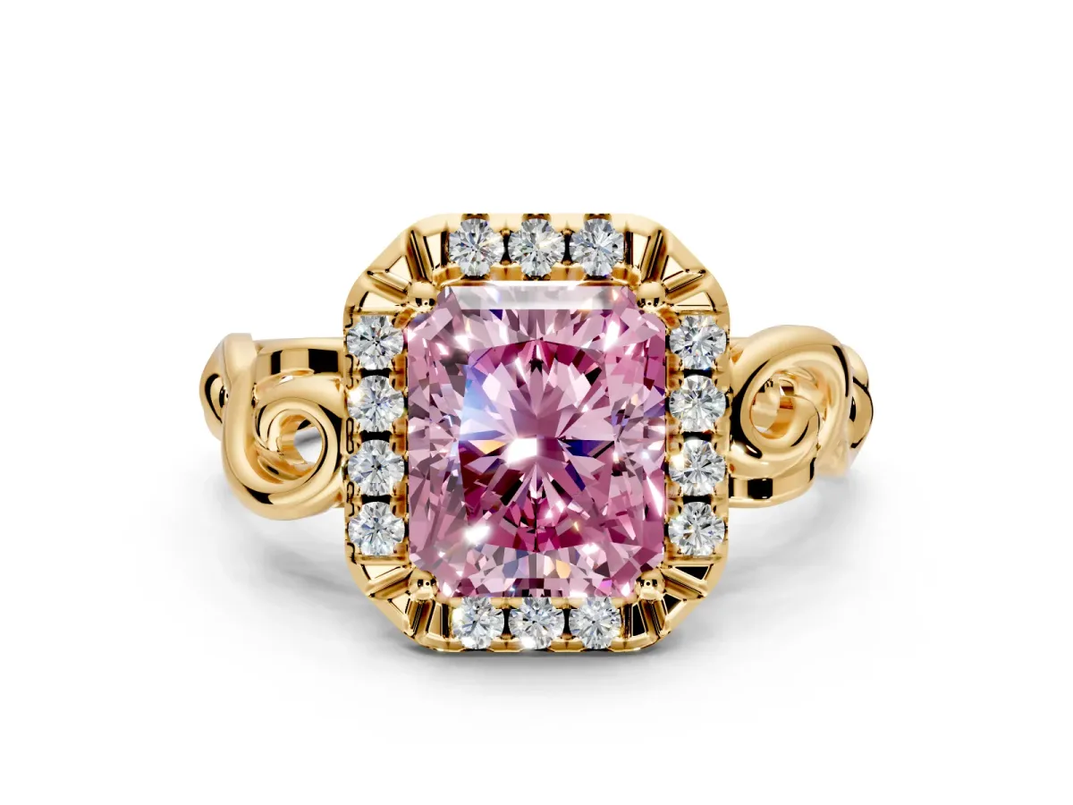 Halo Engagement Ring Setting for Fancy Pink Radiant Cut Center with Open Scroll Shoulders and Prong Head in Yellow Gold