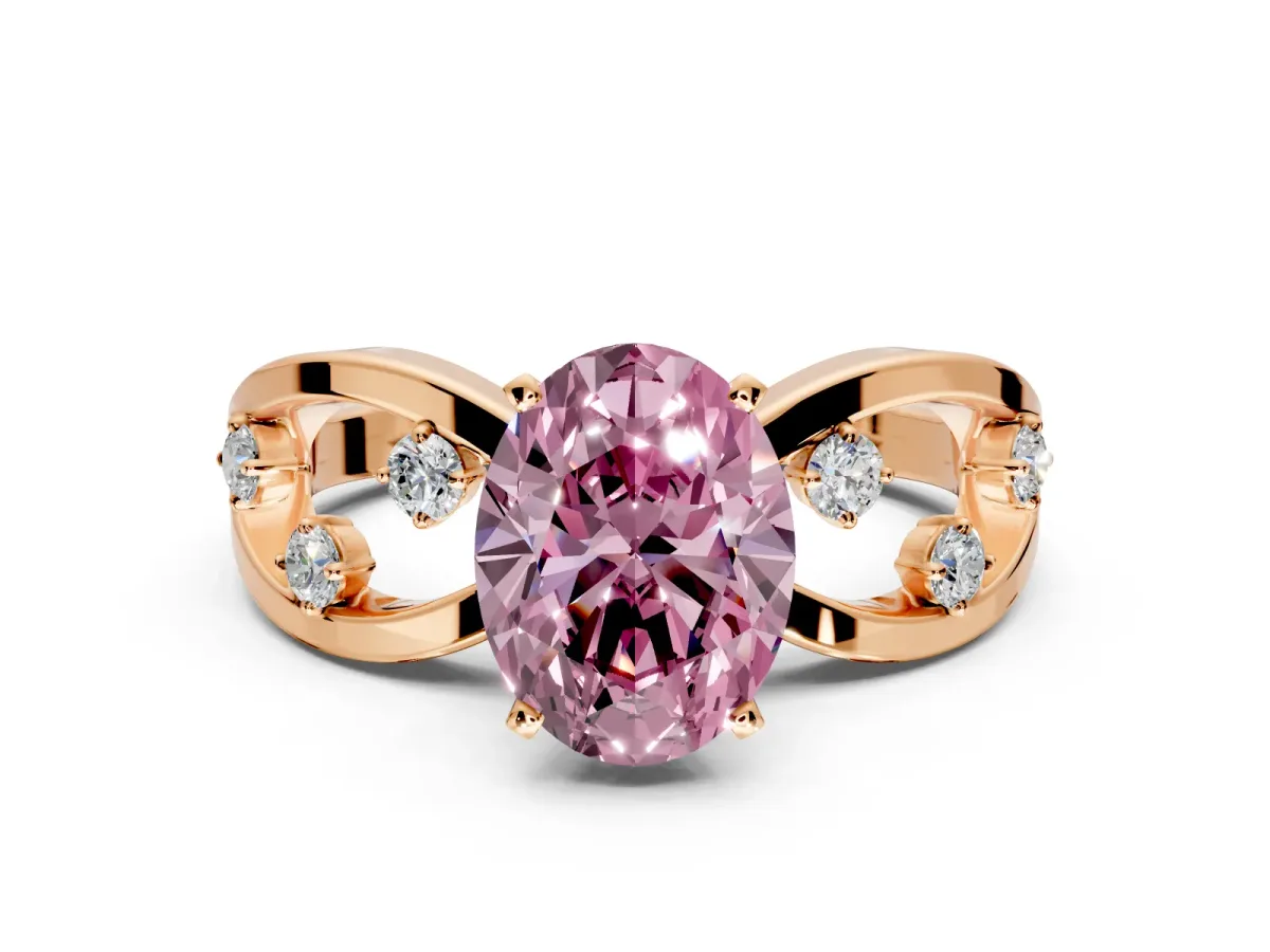 Solitaire Engagement Ring Setting for Fancy Pink Oval Center with Criss-Cross Accent Band and Prong Head in Rose Gold