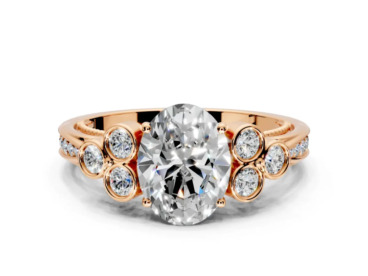 Cluster Engagement Ring Setting for Oval Center with Bezel Accent Clusters and Prong Head in Rose Gold