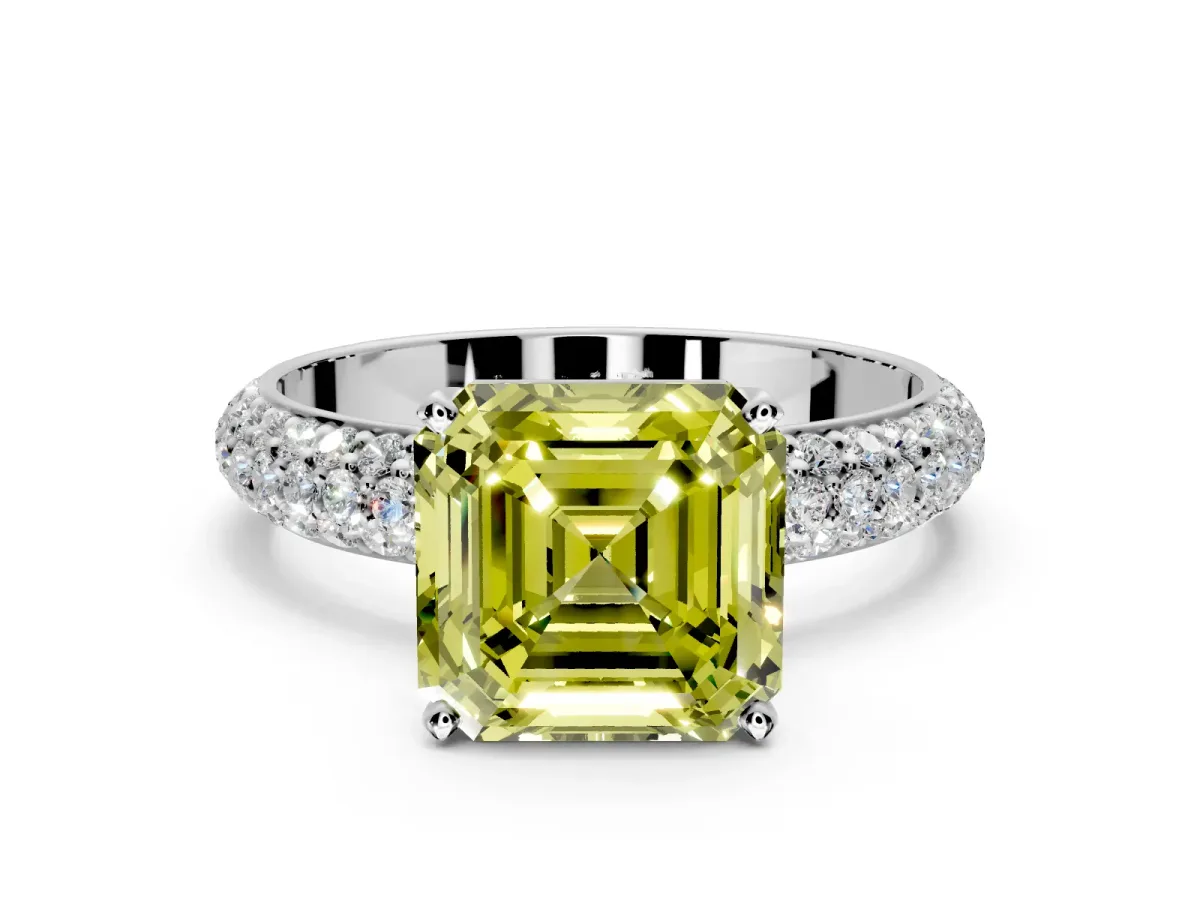 Solitaire Engagement Ring Setting for Fancy Yellow Asscher Cut Center with Domed Multi-Row Pave Band and Prong Head in Sterling Silver