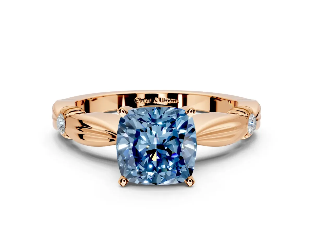 Solitaire Engagement Ring Setting for Fancy Blue Cushion Cut Center with Carved Leaf Shoulders and Prong Head in Rose Gold