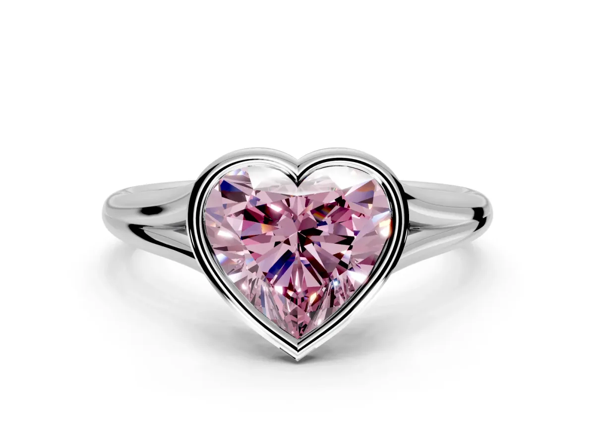 Solitaire Engagement Ring Setting for Fancy Pink Heart-Shaped Center with V Split Shank and Bezel Head in Sterling Silver
