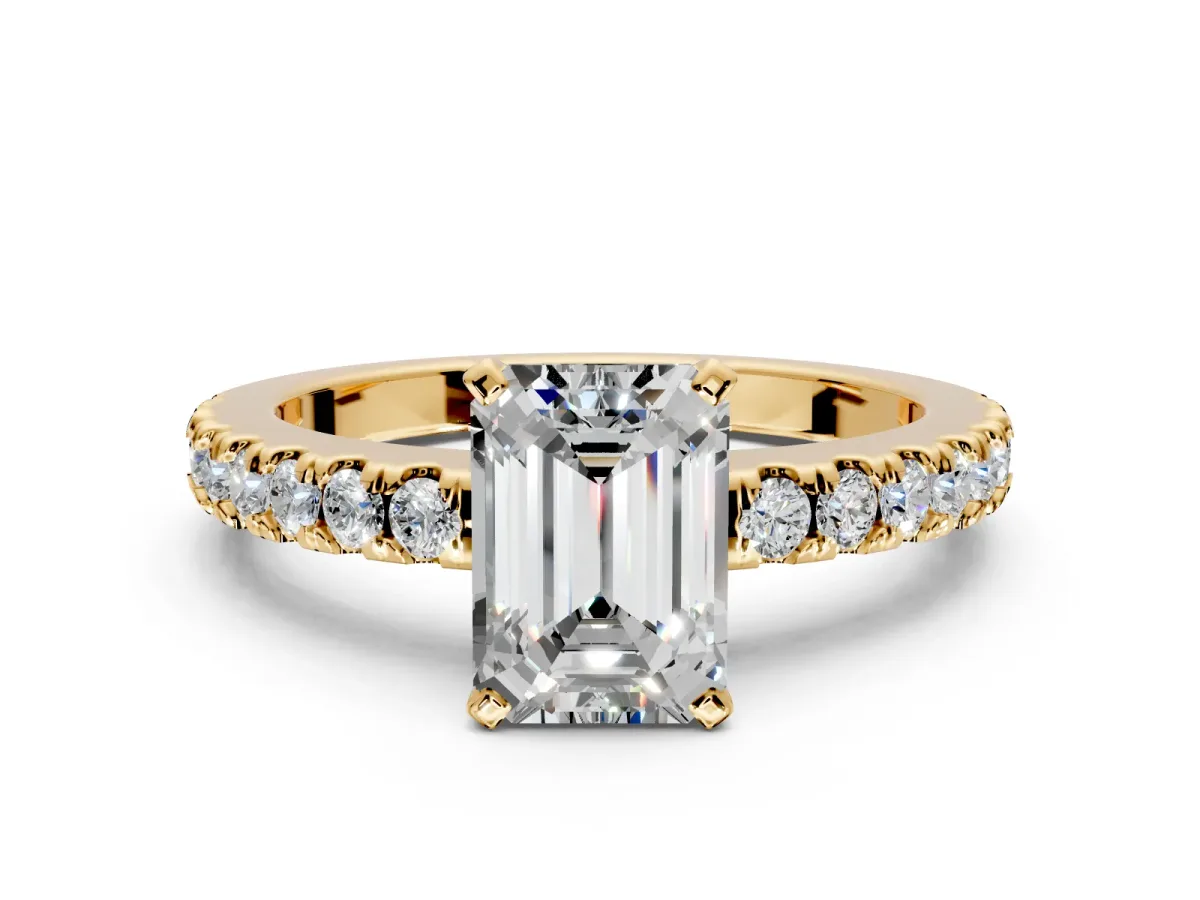 Solitaire Engagement Ring Setting for Emerald Cut Center with Single Row Accent Band and Prong Head in Yellow Gold