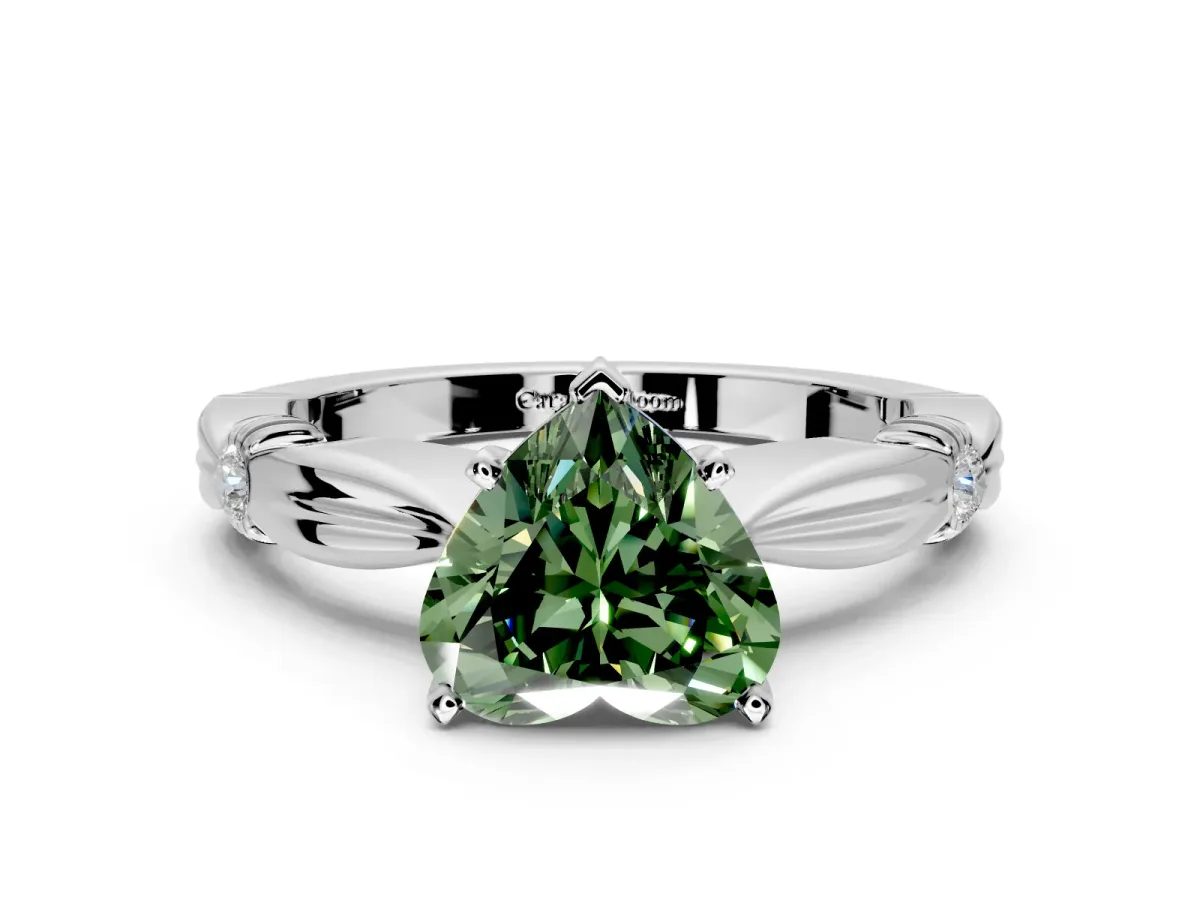 Solitaire Engagement Ring Setting for Fancy Green Heart-Shaped Center with Carved Leaf Shoulders and Prong Head in White Gold