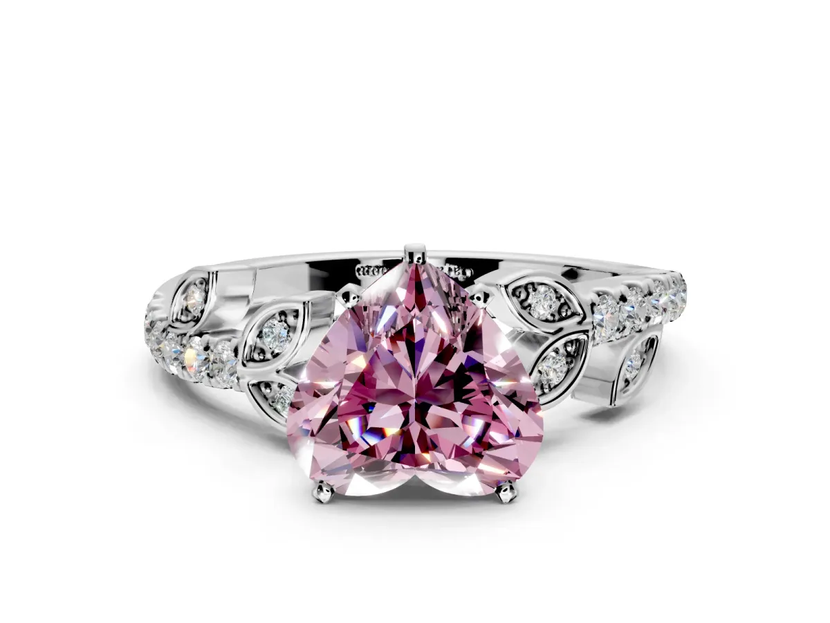 Leaf Motif Engagement Ring Setting for Fancy Pink Heart-Shaped Center with Pave Band and Prong Head in Sterling Silver