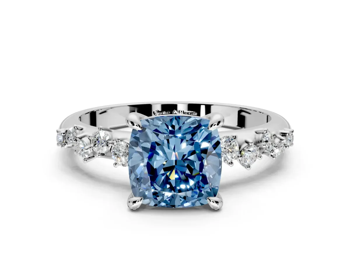 Solitaire Engagement Ring Setting for Fancy Blue Cushion Cut Center with Trailing Leaf Accent Band and Prong Head in Platinum