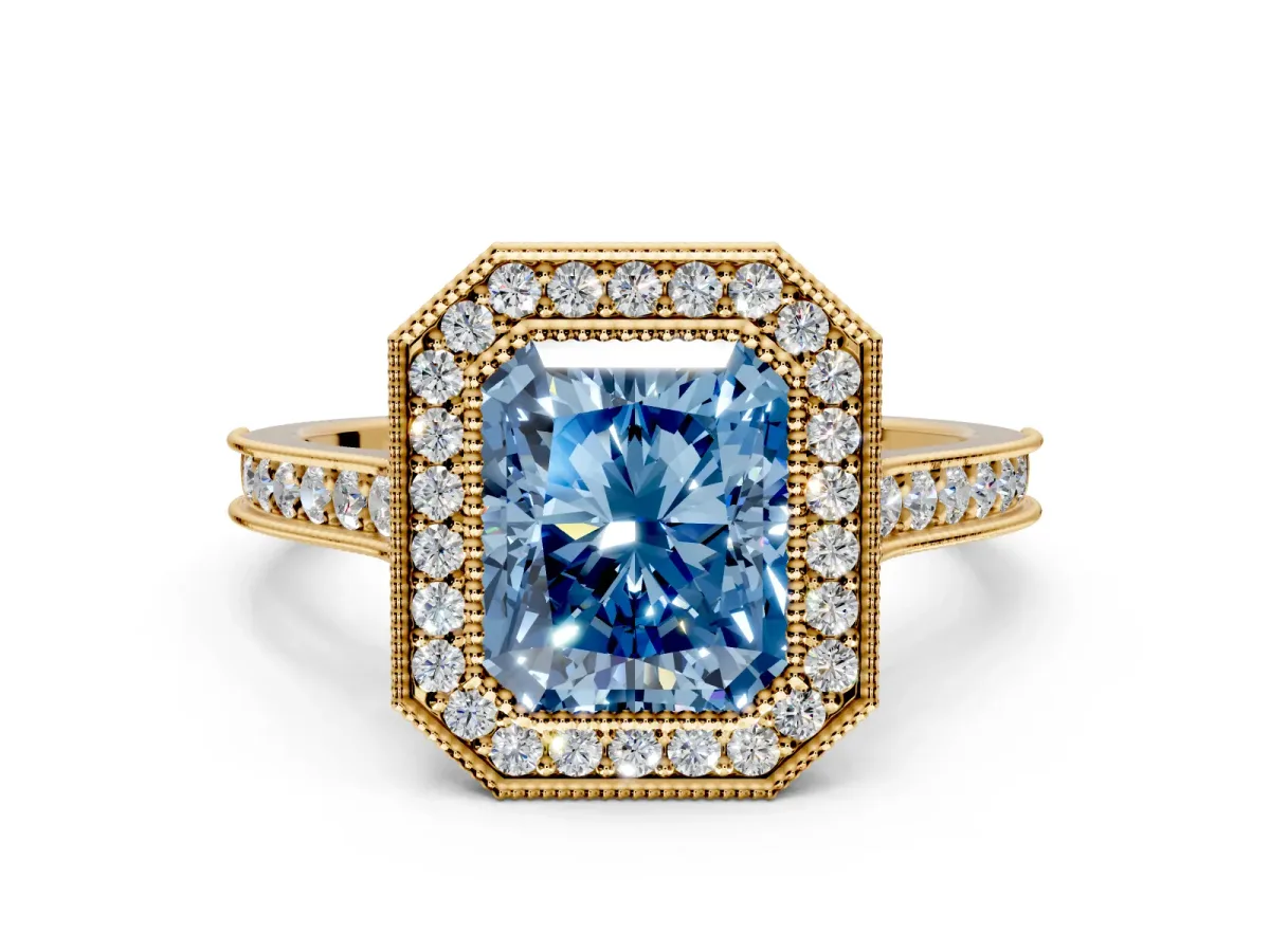 Halo Engagement Ring Setting for Fancy Blue Radiant Cut Center with Milgrain Pave Band and Bezel Head in Yellow Gold