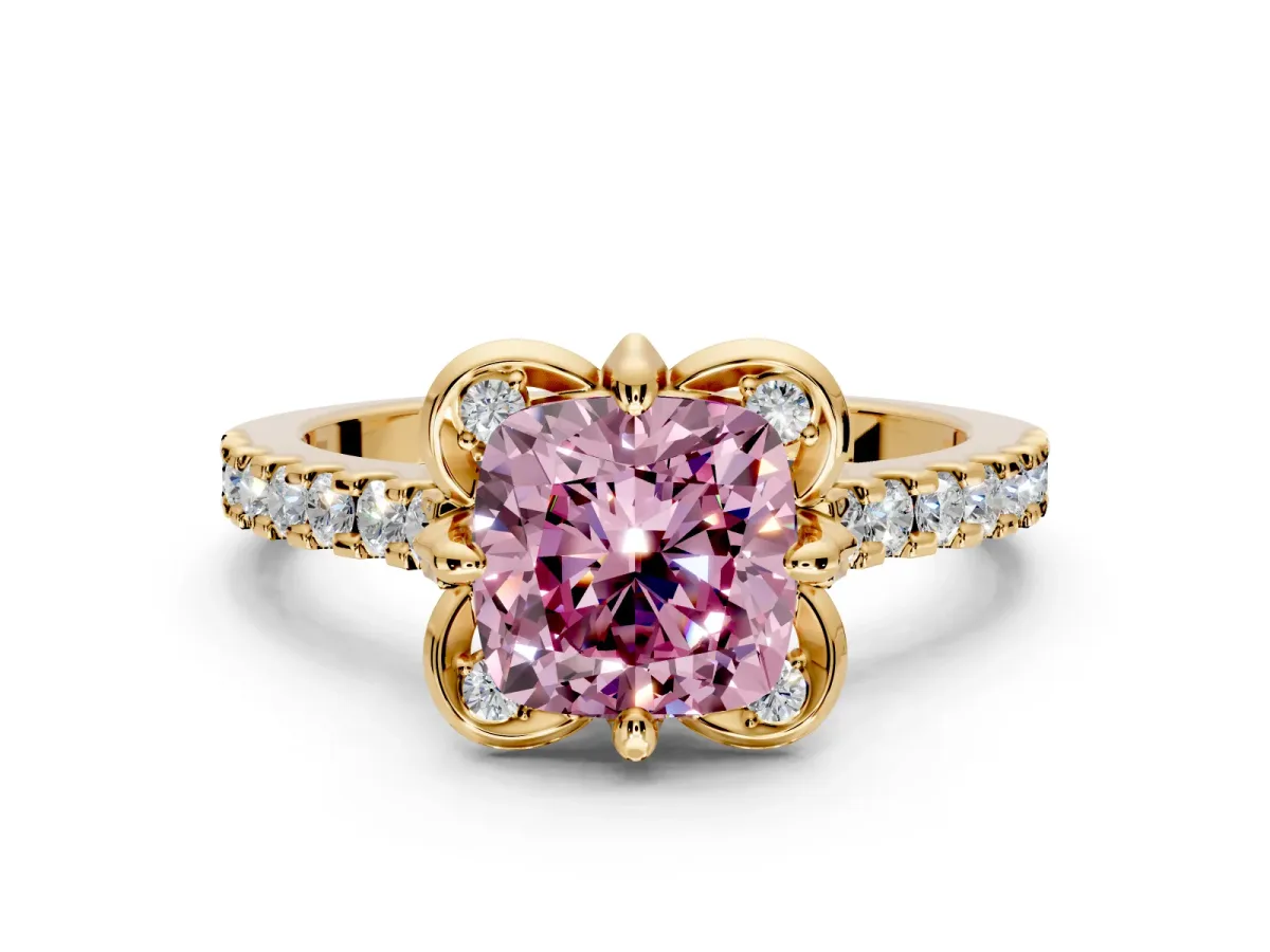 Floral Engagement Ring Setting for Fancy Pink Cushion Cut Center with Pave Band and Floral Prong Head in Yellow Gold