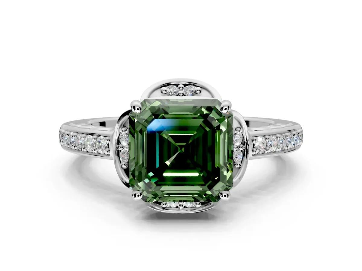 Floral Engagement Ring Setting for Fancy Green Asscher Cut Center with Four Accent Clusters and Prong Head in Platinum