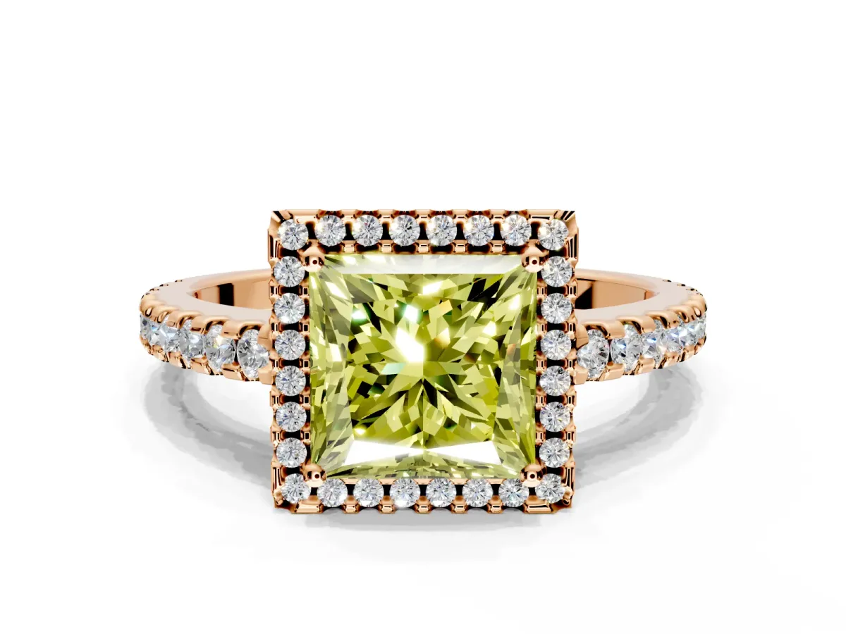 Accent Halo Engagement Ring Setting for Fancy Yellow Princess Cut Center with Full-Length Pave Band and Prong Head in Rose Gold