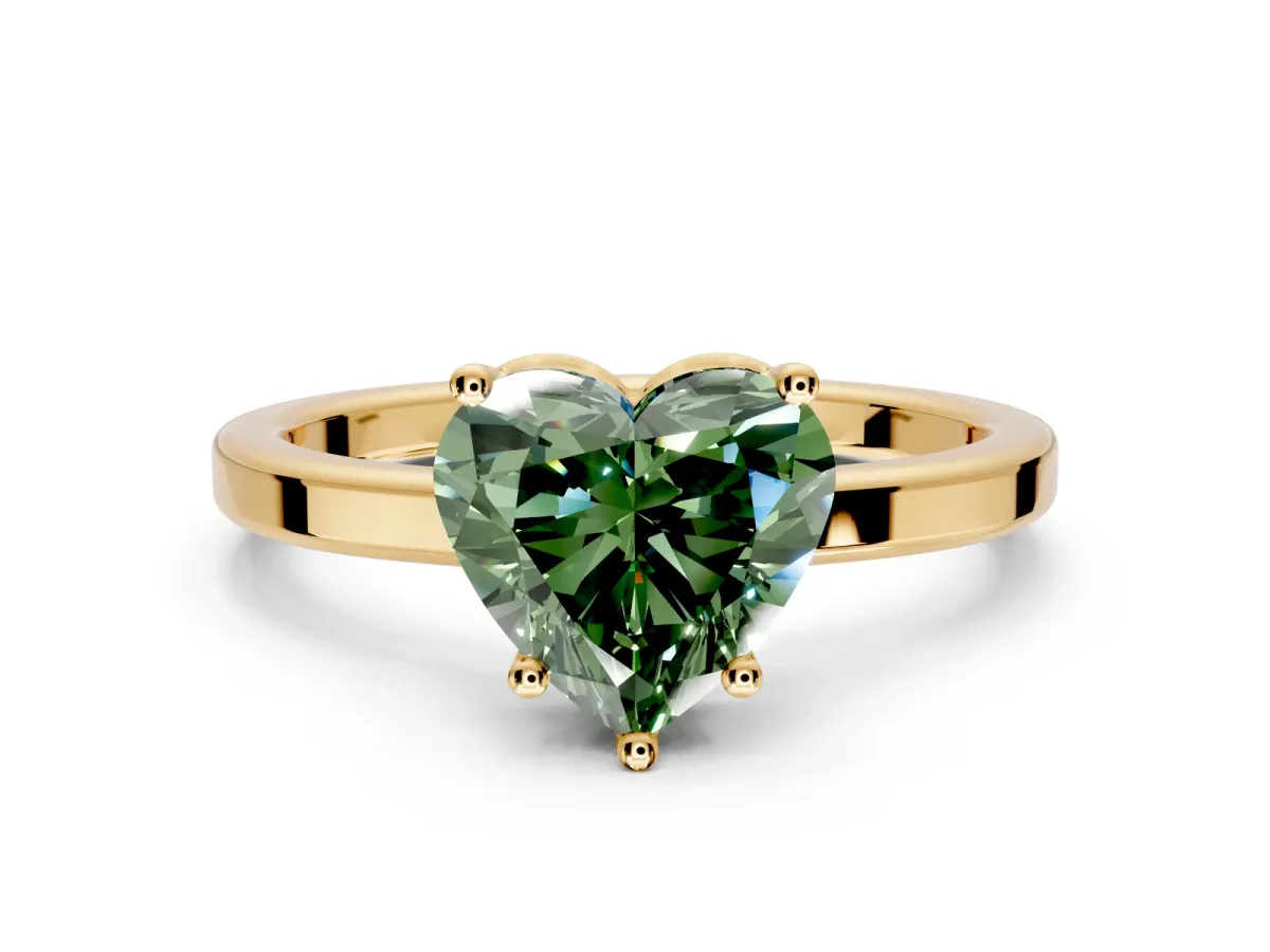 Hidden Halo Engagement Ring Setting for Fancy Green Heart-Shaped Center with Wide Flat Plain Band and Prong Head in Yellow Gold