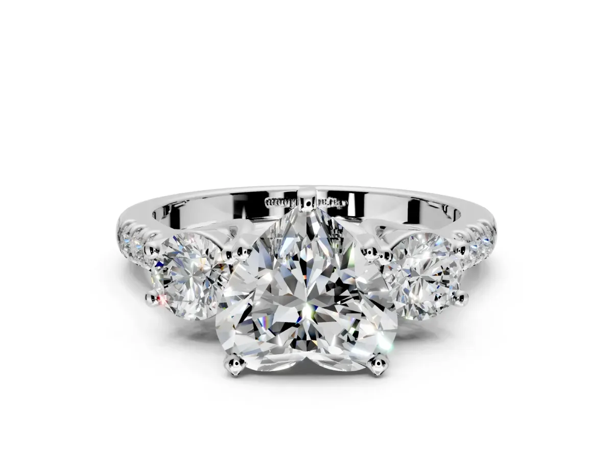 3 Stone Engagement Ring Setting for Heart-Shaped Center with Crossover Basket, Pave Band and Prong Head in Platinum