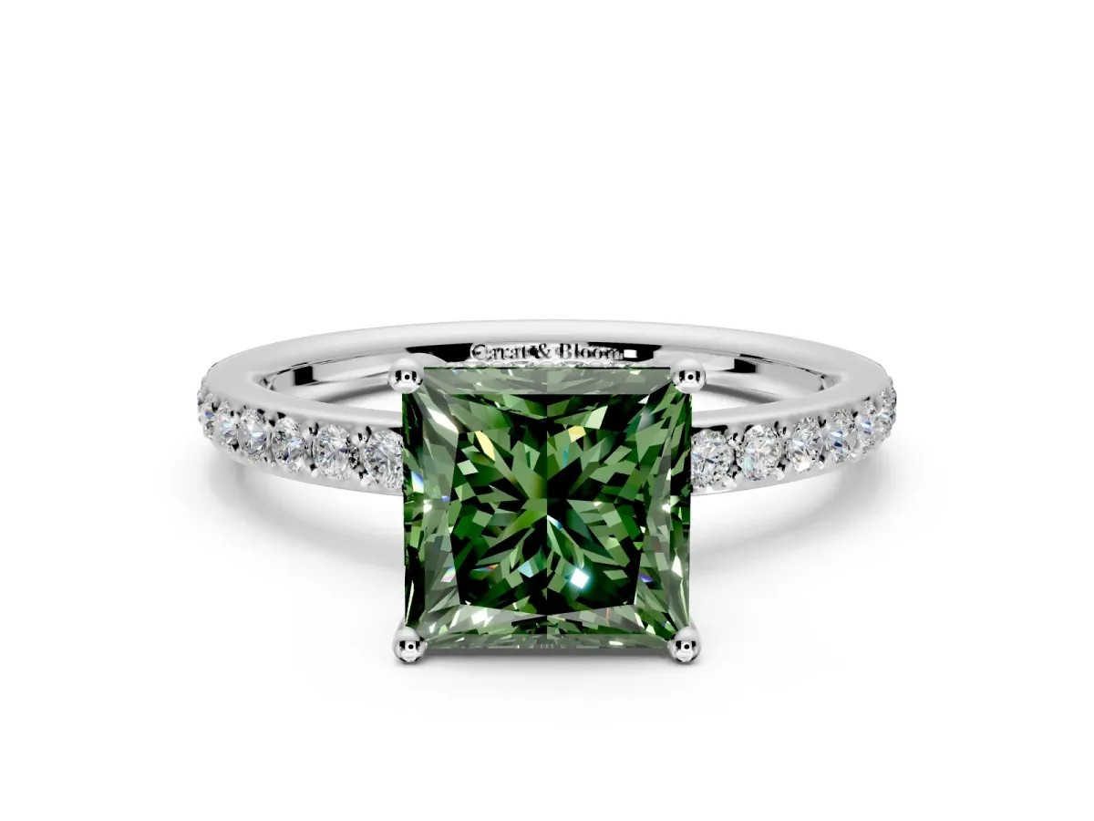 Solitaire Engagement Ring Setting for Fancy Green Princess Cut Center with Fine Pave Band and Prong Head in White Gold
