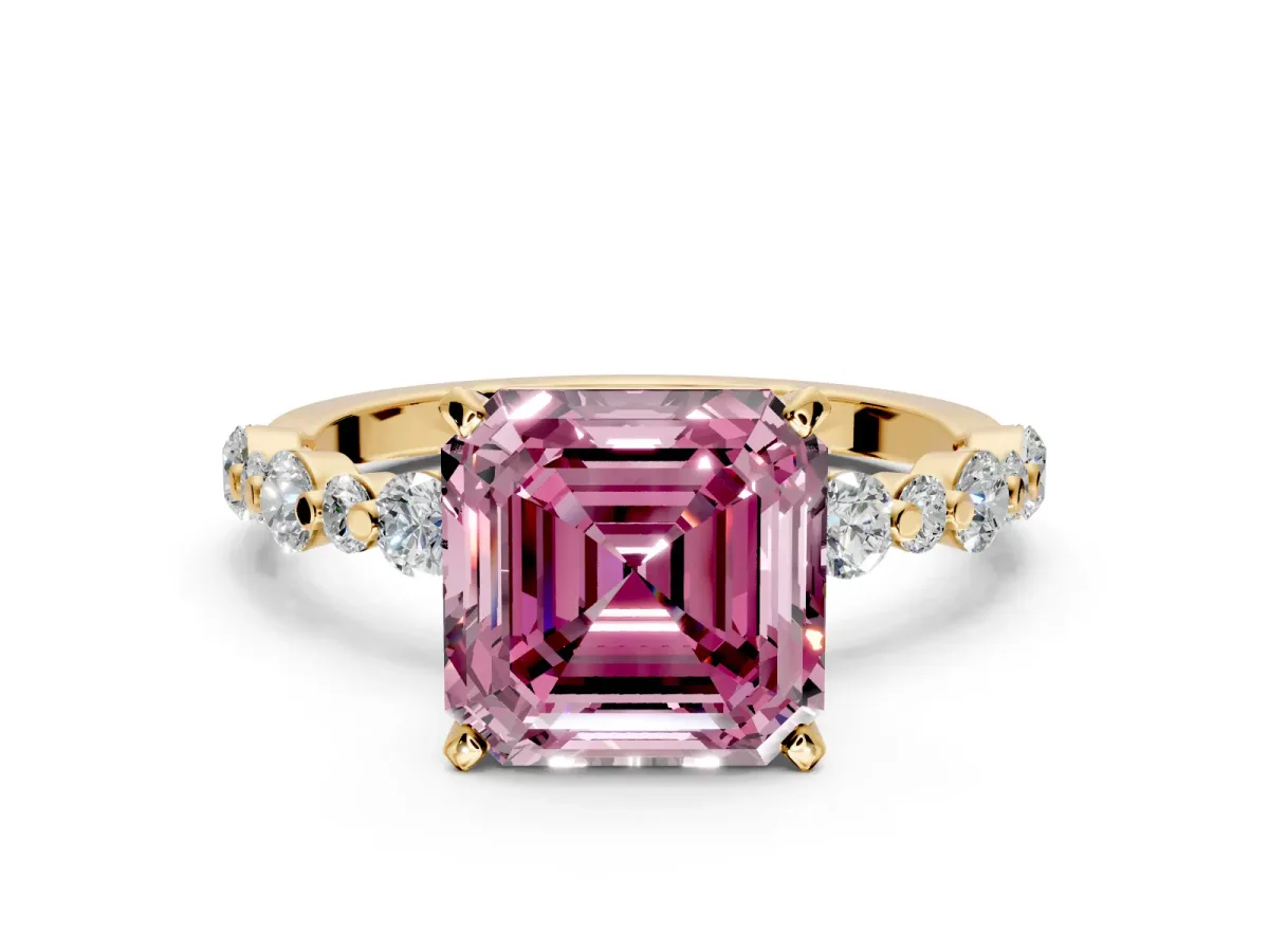 Solitaire Engagement Ring Setting for Fancy Pink Asscher Cut Center with Alternating Size Accents and Prong Head in Yellow Gold