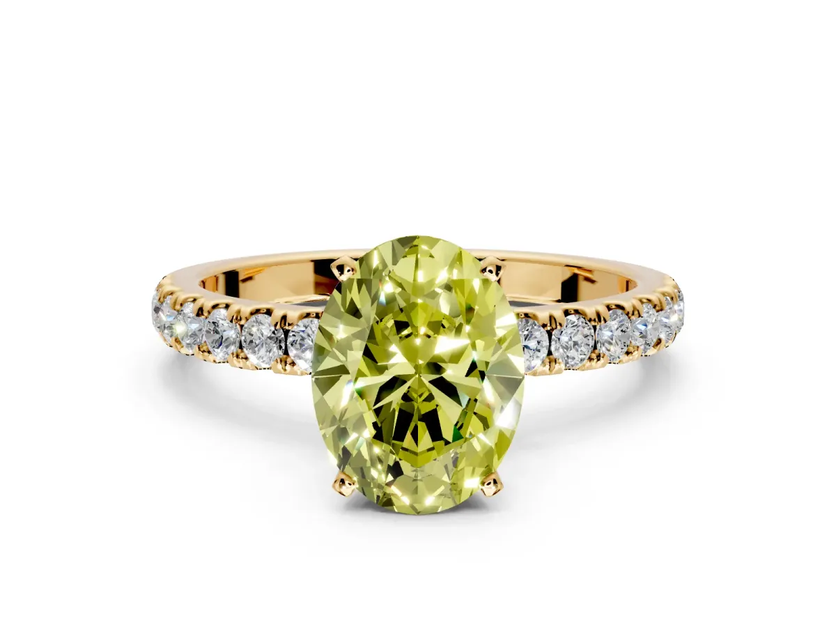 Open Basket Engagement Ring Setting for Fancy Yellow Oval Center with Pave Band and Prong Head in Yellow Gold