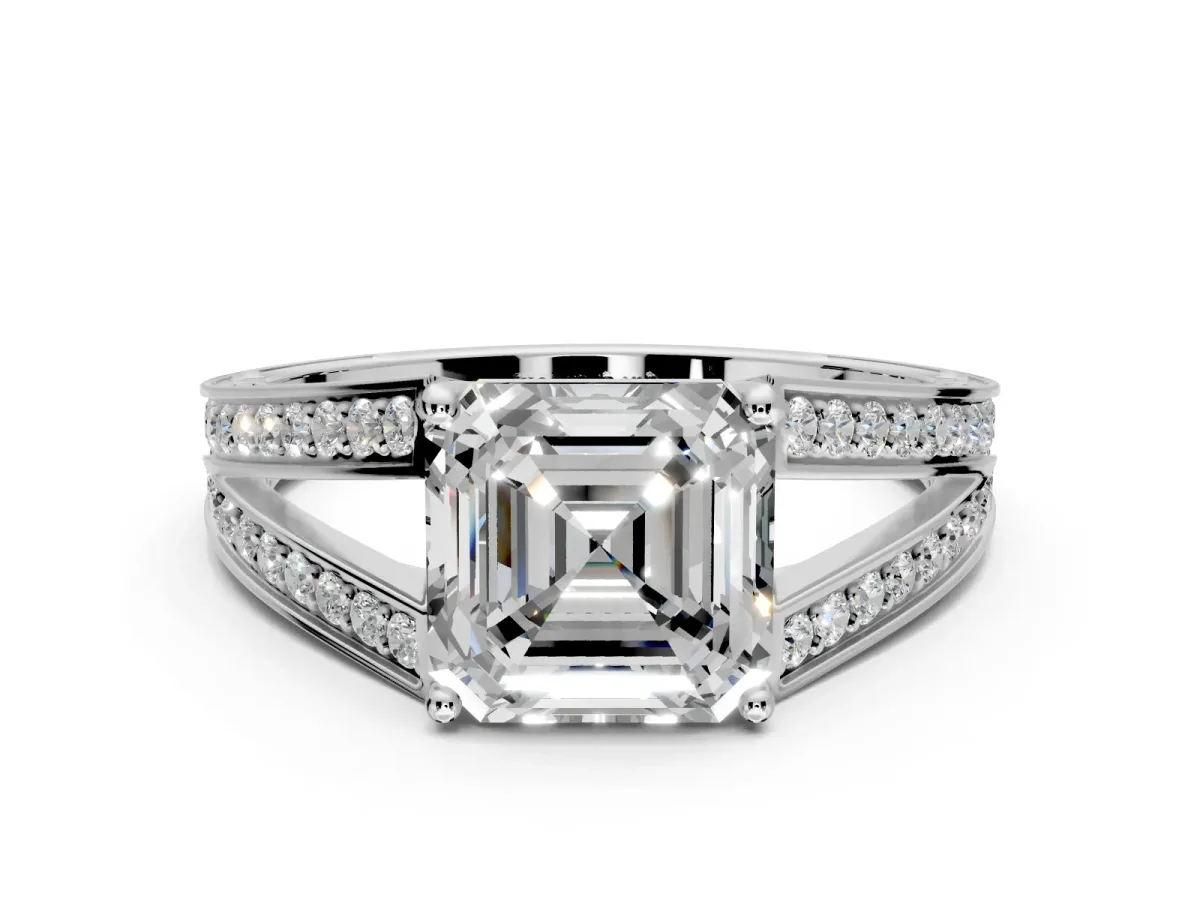 Split Shank Engagement Ring Setting for Asscher Cut Center with Pave Split Shank and Prong Head in Platinum