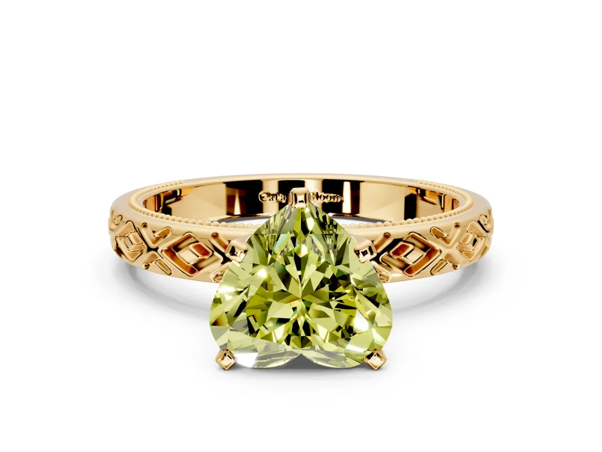 Solitaire Engagement Ring Setting for Fancy Yellow Heart-Shaped Center with Milgrain X Pattern Band and Prong Head in Yellow Gold