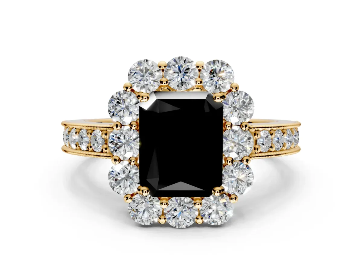 Halo Engagement Ring Setting for Fancy Black Radiant Cut Center with Milgrain Channel Band and Prong Head in Yellow Gold